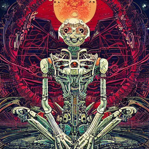 Image similar to a beautiful illustration of a humanoid robot meditating by philippe druillet and dan mumford and enki bilal and jean claude meziere