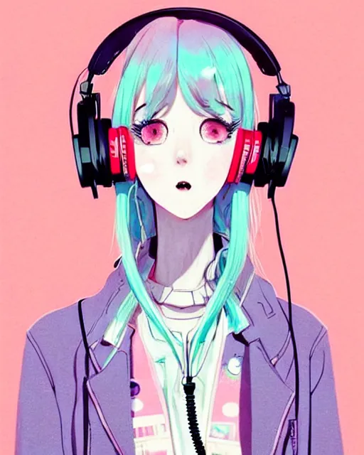 Prompt: cute borzoi anthro girl wearing headphones, city background, very anime!!! anime!! intricate details, aesthetically pleasing pastel colors, poster background, art by conrad roset and ilya kuvshinov