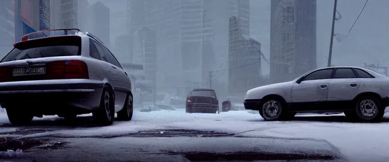 Image similar to Audi A4 B6 Avant (2002), a gritty neo-noir, dramatic lighting, cinematic, eerie person, death, homicide, homicide in the snow, gunshots, establishing shot, extremely high detail, photorealistic, cinematic lighting, artstation, by simon stalenhag, Max Payne (PC) (2001) winter New York at night, In the style of Max Payne 2 graphic novel, flashing lights, Poets of the Fall - Late Goodbye