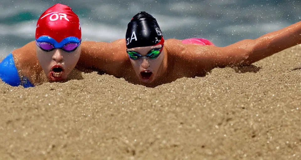 Image similar to olympic swimming in sand instead of water, extremely coherent, motion blur