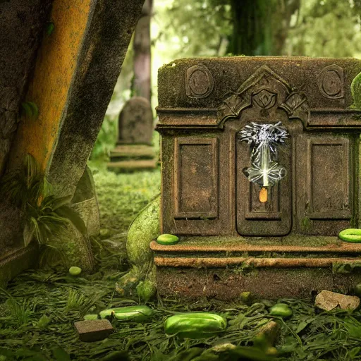 Prompt: side view of a beautiful abandoned tombstone with an embedded emerald laying on the ground, overgrown foliage taking over it, deep forest in the background, biopunk, bokeh, beautiful, lens flare, emotional, detailed, picture, trending on artstation, award - winning, shiny, golden, octane render