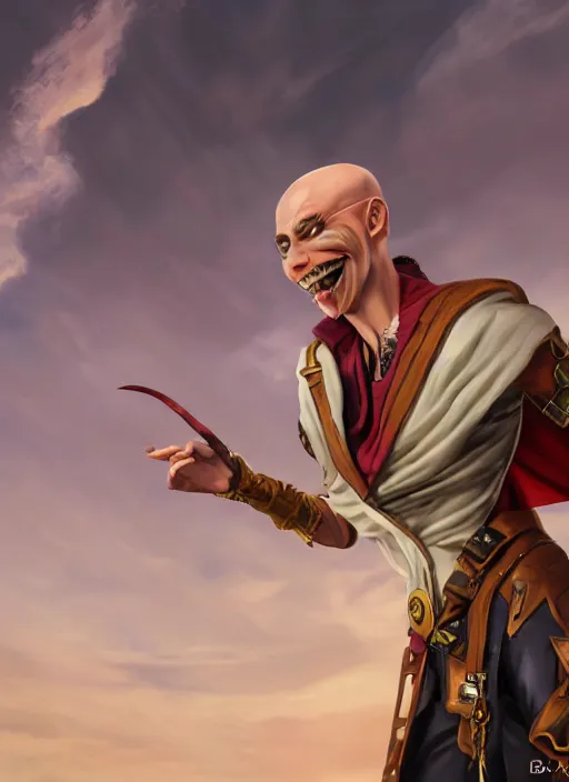 Prompt: An epic fantasy comic book style portrait painting of a skinny white bald sky-pirate with a goofy expression sitting in front of a ship's cannon yu-gi-oh style , unreal 5, DAZ, hyperrealistic, octane render, cosplay, RPG portrait, dynamic lighting