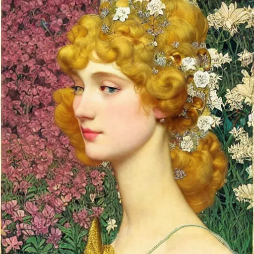 Prompt: beautiful blonde young woman wearing an elaborate jeweled headdress with lilies portrait by frank cadogan cowper, maxfield parrish, william morris, edmund dulac, and alphonse mucha, beautiful refined detailed dreamscape