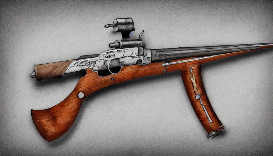 Prompt: Digital drawing of a muzzleloaded flintlock AK47 from the site grabAgun, gunbroker, white background, firearms, professional gunsmithing, top down drawing, gun auction, 4k. high quality, concept art, art reference, postapocalyptic