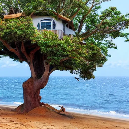 Image similar to a tree with a tree house in it in the ocean