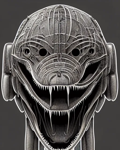 Prompt: intricate mechanical robot trex dinosaur head, transformer, symmetrical illustration, bold line symmetrical illustration by peter gric, hr giger, kim jung gi, joe fenton, scifi, screen print, trending on art station, sharp, high contrast, ultrafine hyper detailed, hd,