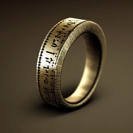 Image similar to the ring from lord if the rings with an imprinted ruler, cm scale imprinted on the inside of the ring, one ring to rule them all, highly detailed, 8 k, trending on artstation, mystic, rpg artwork