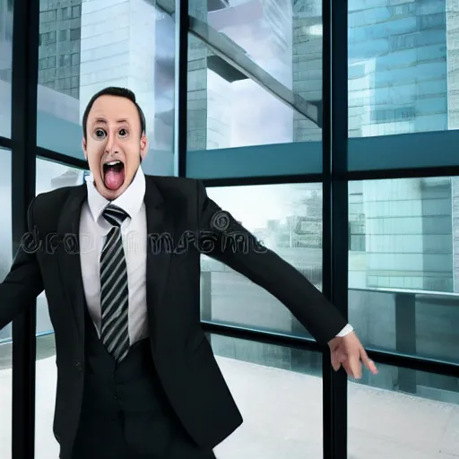 Image similar to man in a office suit screaming bazinga!, realistic, hdr, clear image, stock photo, dynamic lighting,