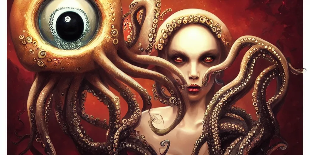 Image similar to queen octopus with a giant eyeball pearl head by Anato Finnstark, Tom Bagshaw, Brom