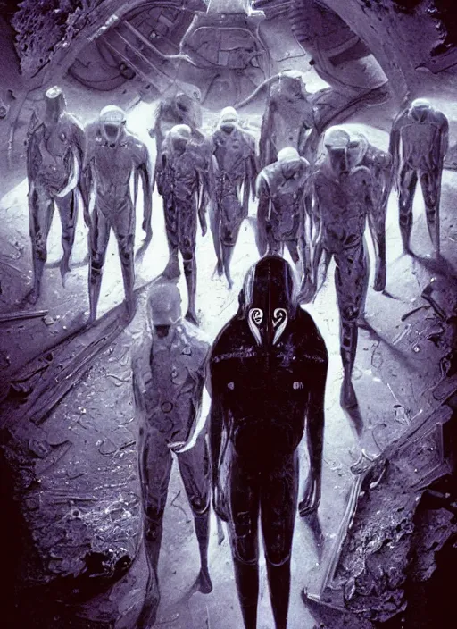 Image similar to astronauts in dark and empty void underwater - complex and hyperdetailed technical suit. reflection and dispersion materials. rays and dispersion of light. volumetric light. 5 0 mm, f / 3 2. noise film photo. flash photography. ultra realistic, wide angle. poster by wayne barlowe, hajime sorayama aaron horkey, craig mullins