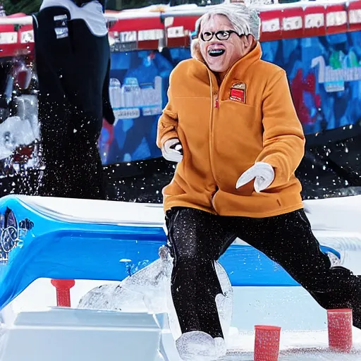 Image similar to sports illustrated olympics photo, an elderly woman sliding down an ice luge at incredibly high speeds