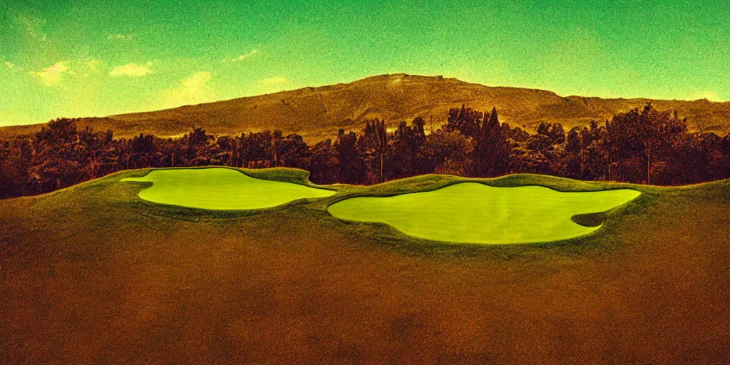 Prompt: jodorowsky film still, artistic double exposure of a beautiful psychedelic nocturnal hill and golf course, grainy film cinematic tiny regular hexagonal grain filter H 576