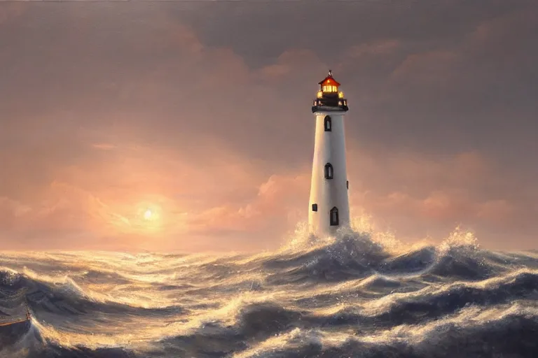 Prompt: A beautiful painting of a singular lighthouse, shining its light across a tumultuous sea by Jack Butler. very very detailed. trending on Artstation