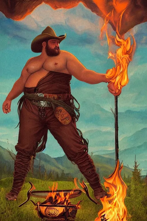 Prompt: a dramatic, epic, ethereal painting of a handsome thicc shirtless cowboy beer belly wearing a leather belt | background is a late night campfire with food and jugs of whisky | tarot!! card, art deco, art nouveau | by Mark Maggiori | trending on artstation