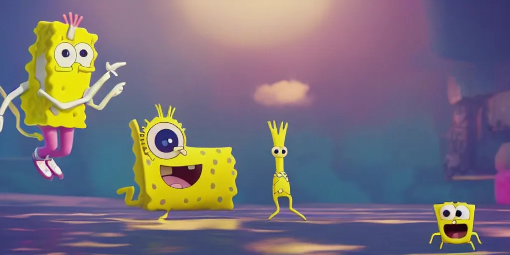 Image similar to “animated Ariana grande and SpongeBob hanging out. 4. Octane render, 4k, 8k, unreal 5, very detailed, hyper realism, trending on artstation.”