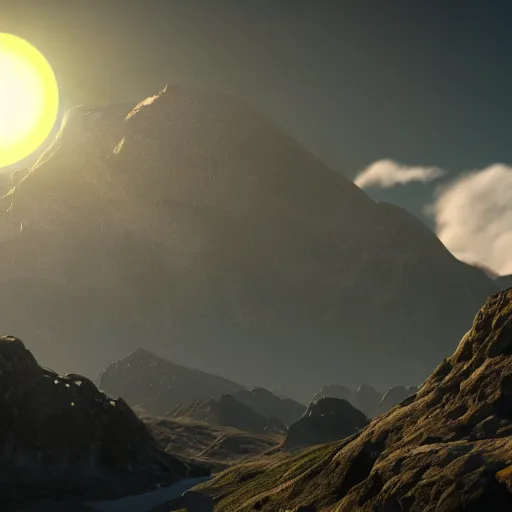 Prompt: small dark black sun above mountains, highly detailed, photorealistic shot, bright studio setting, studio lighting, crisp quality and light reflections, unreal engine 5 quality render