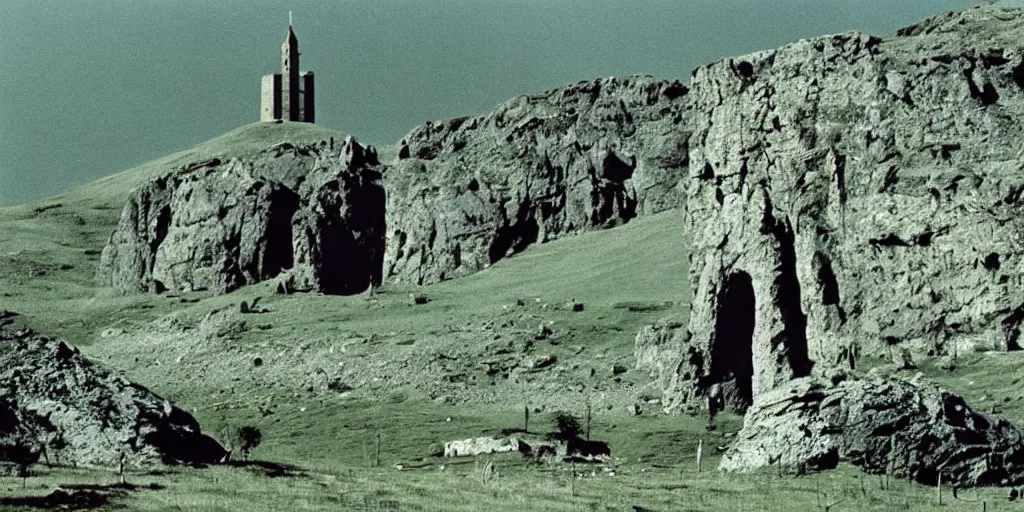 Prompt: A full color still from a Stanley Kubrick film featuring a a large black tower made of stone in a green valley, 35mm, 1975