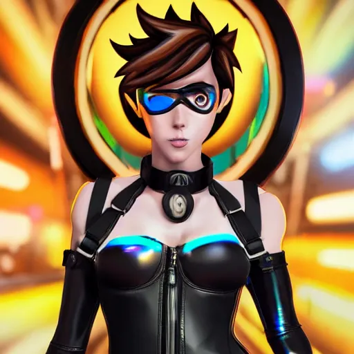 Image similar to full body digital artwork of tracer overwatch, wearing black iridescent rainbow latex tank top, 4 k, expressive happy smug expression, makeup, in style of mark arian, wearing detailed black leather collar, chains, black leather harness, leather cuffs around wrists, detailed face and eyes,