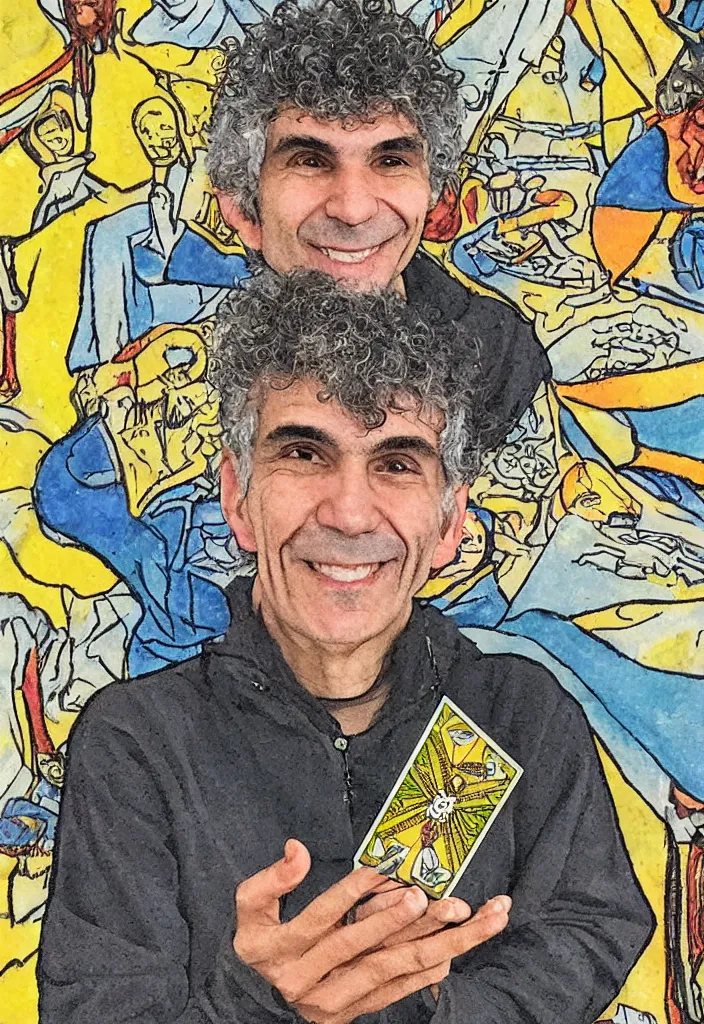 Image similar to Yoshua Bengio smiling on the Tarot card. Illustration.