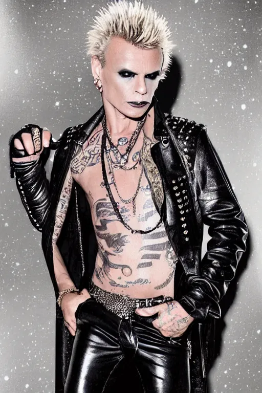 Prompt: portrait billy idol dressed in fantasy fashion, new wave, psychedelia, shiny metal, standing in a desert