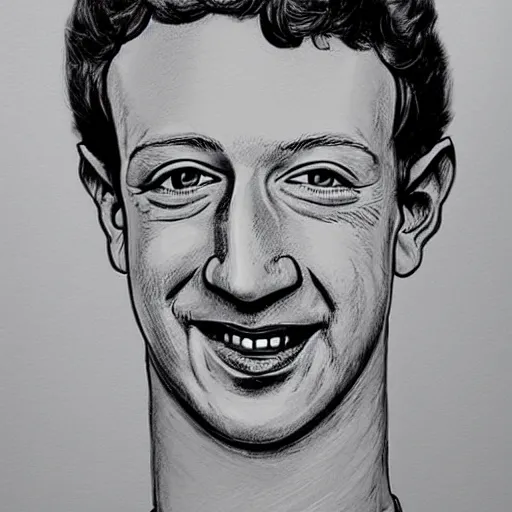 Image similar to a caricature portrait of Mark Zuckerberg drawn by Mahesh Nambiar