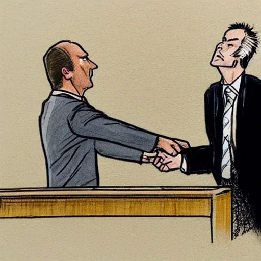Prompt: courtroom sketch of saul goodman defending wilson fisk in court