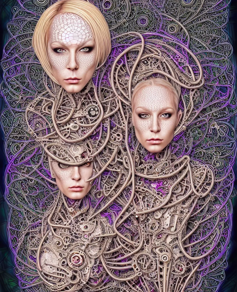 Image similar to full colour photographic beautiful biomechanical female blonde dreadlock cyborg, realistic skin, geometrical octagonal lace tattoos, alexander mcqueen, art nouveau fashion embroidered, futuristic android jones style steampunk, trippy lsd hippie, craftsmanship, intricate silver filigrees, hexagonal mesh wire, mandelbrot fractal spiral mandala, alex grey, giger, hyperreal, photorealistic