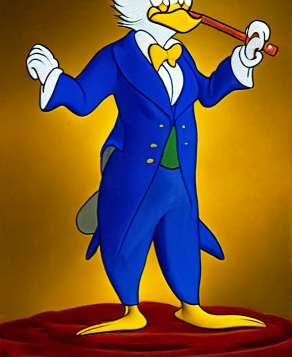 Image similar to Scrooge McDuck from the Duck Tales in blue costume standing on a mountain of golden gold and holding a cane, view from below, full body portrait including head, oil painting, highly detailed
