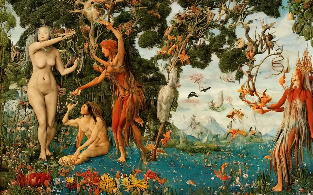 Image similar to a photograph of a meditating centaur shaman and a harpy mermaid feeding animals. surrounded by bulbous flowers, animals and a few trees. river delta with mountains and cliffs under a blue sky full of burning stars and birds. painted by jan van eyck, max ernst, ernst haeckel, ernst fuchs and artgerm. trending on artstation