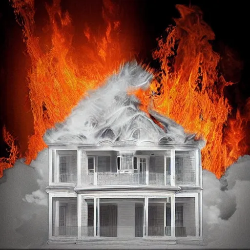 Prompt: “White mansion engulfed in flames, digital art.”