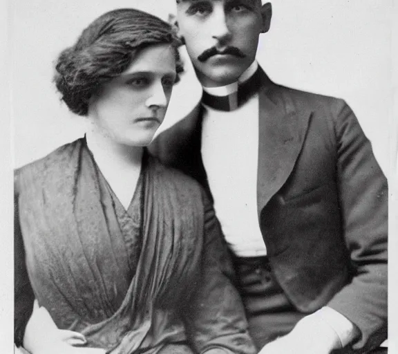 Image similar to color photo of attractive man and woman, age 40, in the year 1915