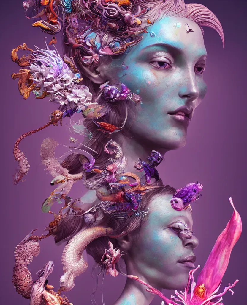 Image similar to goddess full color painted acryllic sculpture close-up portrait. orchid bird phoenix head, nautilus, skull, betta fish, bioluminiscent creatures, intricate artwork by Tooth Wu and wlop and beeple. octane render, trending on artstation, greg rutkowski very coherent symmetrical artwork. cinematic, hyper realism, high detail, octane render, 8k