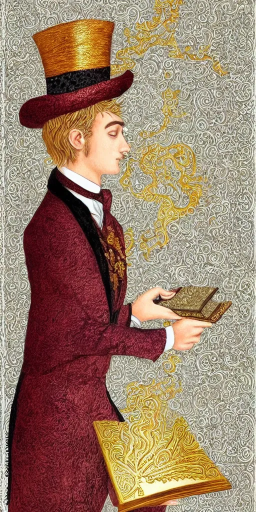 Image similar to beautiful detailed acrylic painting mystical mentalist man, has blond hair and a top hat. Wearing embroidered noble clothes. A small book with gold filigree in hand. Renaissance. Fantasy.