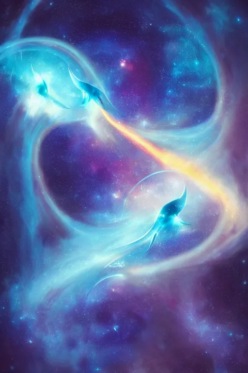 Image similar to Ethereal blue fire dolphins flying through a nebula, Sirius star system, star dust, cosmic, magical, shiny, glow,cosmos, galaxies, stars, outer space, stunning, by andreas rocha and john howe, and Martin Johnson Heade, featured on artstation, featured on behance, golden ratio, ultrawide angle, hyper detailed, photorealistic, epic composition, wide angle, f32, well composed, UE5, 8k