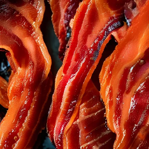 Prompt: macro photography of bacon covered in a maple Sriracha glaze
