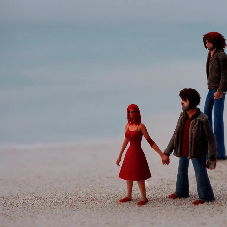 Image similar to a cinematic film still of a claymation stop motion film eternal sunshine of the spotless mind joel and clementine on the beach, shallow depth of field, 8 0 mm, f 1. 8