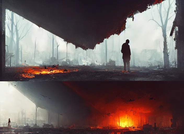 Prompt: the silhouette of a sad man looks at the destroyed and burning world, books fly around volumetric lighting, digital painting, highly detailed, artstation, sharp focus, illustration, concept art, ruan jia, steve mccurry, amazing composition