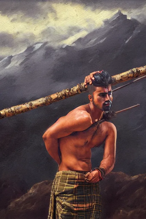 Prompt: an ethereal dramatic painting of a handsome rugged shirtless desi hiker | he is wearing a plaid kilt and cowboy hat, and holding a wooden pole | background is mountains and clouds | homoerotic, dramatic lighting, realistic, highly detailed | by clyde aspevig, by paul cadmus, by bill ward, ( ( ( by greg rutkowski ) ) ) | trending on artstation
