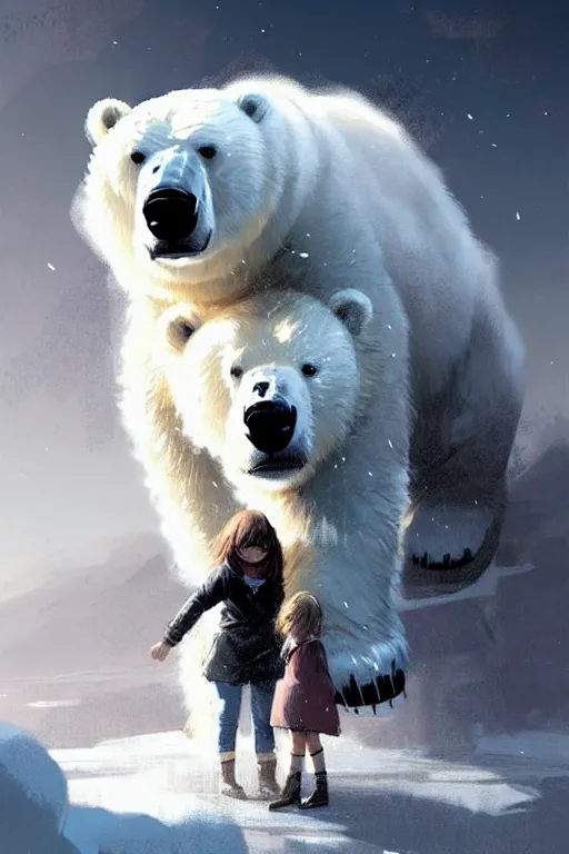 Prompt: comic book cover. giant fluffy polar bear ridden by a small girl by greg rutkowski, trending on artstation