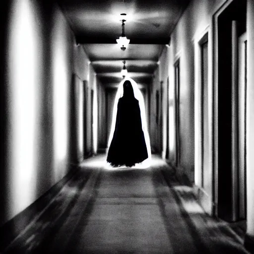 Image similar to “A beautiful photograph of a young girl as a ghost, blue lighting, hallway”