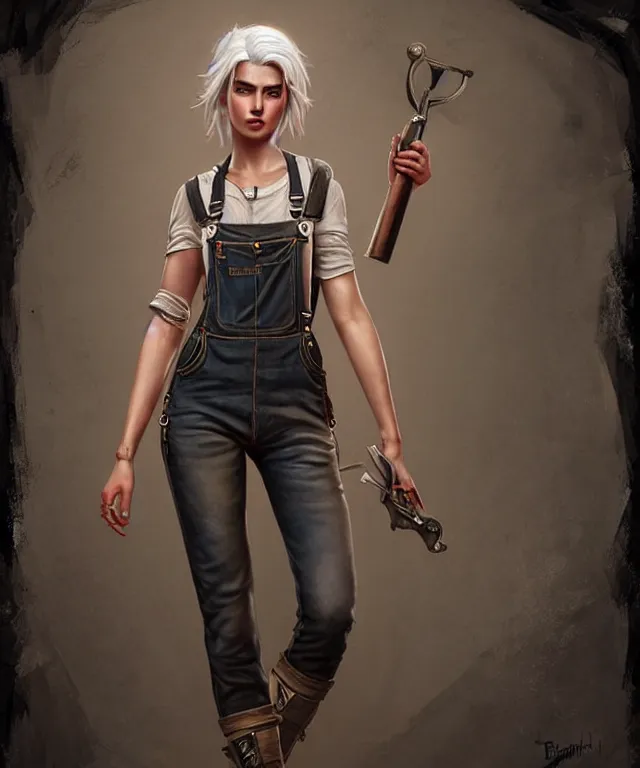 Image similar to full body pose, grungy ciri, overalls, combat boots, beautiful, highly detailed face, true anatomy!, extremely detailed!, digital painting, unreal engine 5, art by tom bagshaw