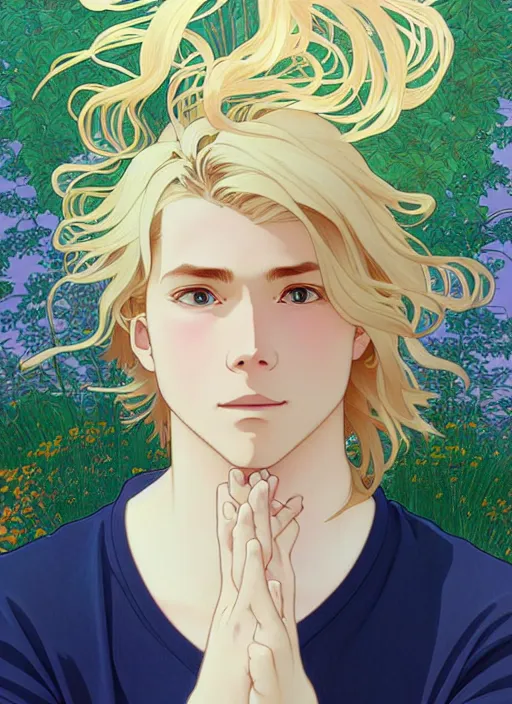 Image similar to pretty young man with shoulder length blond hair, male, half body shot, path traced, highly detailed, high quality, digital painting, by studio ghibli and alphonse mucha, leesha hannigan, hidari, art nouveau, chiho aoshima, posuka demizu