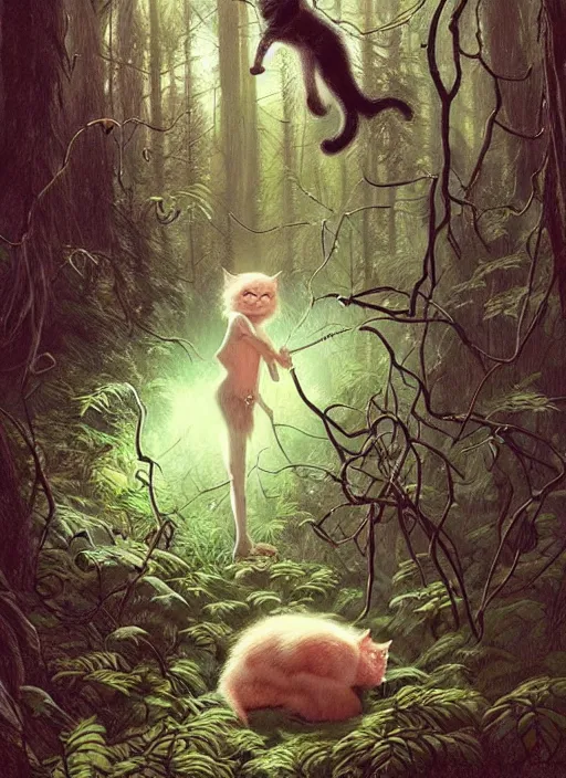 Prompt: a hyper realistic cat witch in the woods gorgeous lighting, lush forest foliage painting by chiara bautista and beksinski and norman rockwell and greg rutkowski weta studio, and lucasfilm