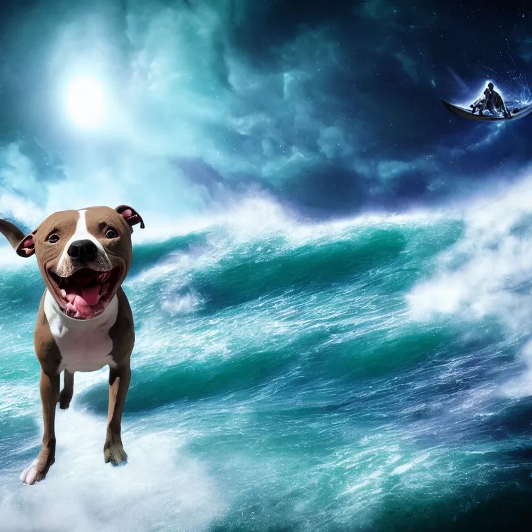 Image similar to photo of a gray coat pit bull with white paws, surfing on a surfboard in a crashing wave of alien ocean in space, background is an alien galaxy, aliens in the background, alien colors, octane render, unreal engine, wide view, 8 k, high detaild