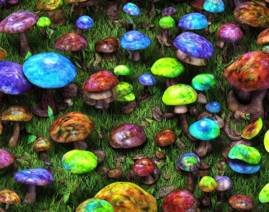 Prompt: trippy eldritch multicolor mushrooms in forest, realistic, beautiful texture, beautiful graphics, fantasy artwork, very beautiful scenery, hd, hdr, ue 5, ue 6, unreal engine 5, cinematic 4 k wallpaper, 8 k, ultra detailed