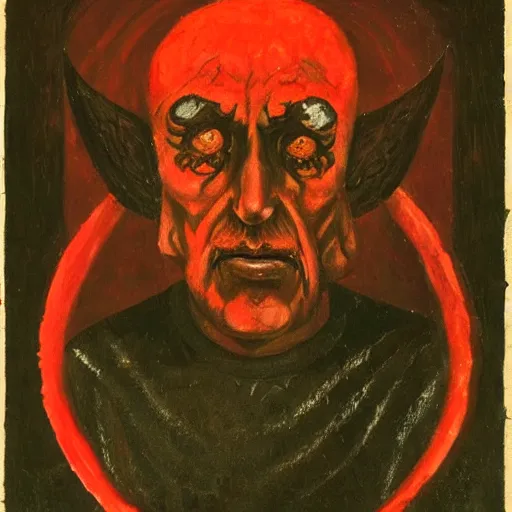 Image similar to portrait of alexander abdulov, with a red eyes, satanic body, head of old man, in blood of sinners, hellish style