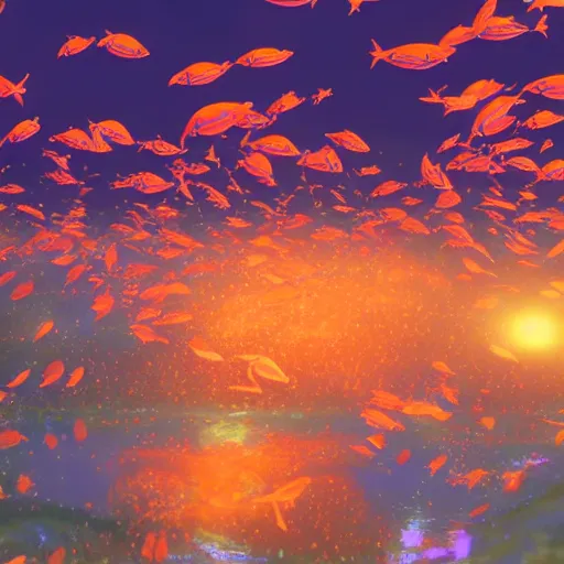 Image similar to beautiful screenshot of school of glowing fish swimming through river from anime film by makoto shintai, night time, close up shot, 4K, colorful, elegant