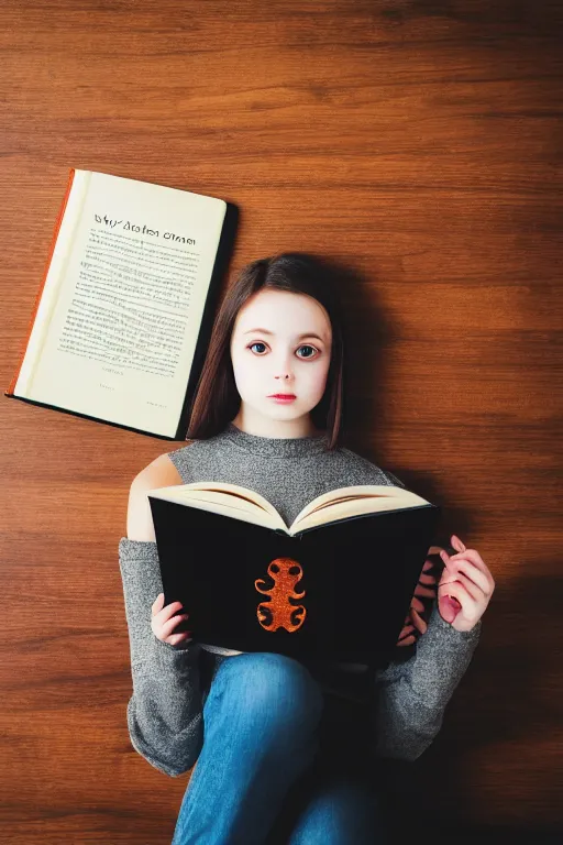 Image similar to photo of very cute and bright girl, her cat and her book of necronomicon, symmetrical, cinematic, real dlsr photography, sharp focus, 4 k, ultra hd, sense of awe, sinister demonic atmosphere, dreadful, horror journal cover