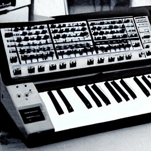 Image similar to a hybrid human / synthesizer, 1 9 8 0 s photo