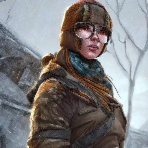 Prompt: A comic book style portrait painting of a female ranger in a a post apocalyptic winter landscape, unreal 5, DAZ, hyperrealistic, octane render, RPG portrait, ambient light, dynamic lighting